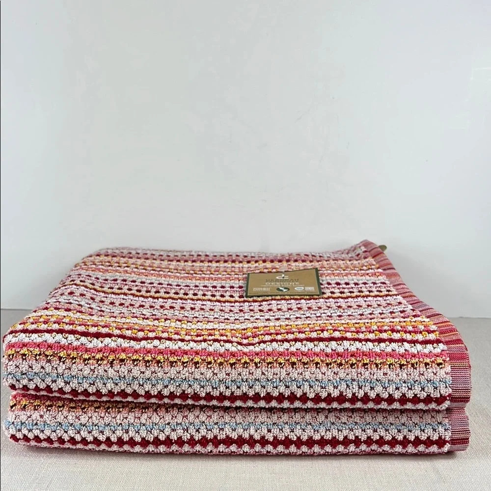 Deborah Connolly Bath Towel Set Striped Red and Pink 100% Cotton 2 Pc Set NEW